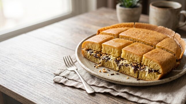 Indonesian martabak manis stuffed pancake with chocolate, cheese and peanuts, created for restaurant menus, dessert advertising, cafe campaigns and commercial food marketing.