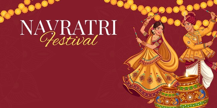 Navaratri Maroon Gold and Orange Festive Illustrated Greeting Poster
