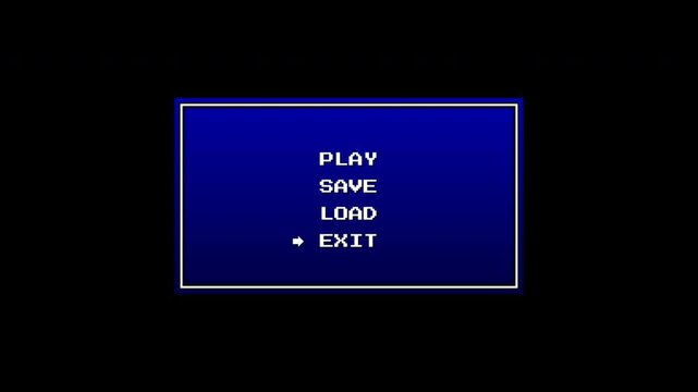 A classic 16-bit/8-bit RPG style menu screen featuring a blue gradient dialogue box, a bouncing pointer, typing text, and a rapid battle encounter flash transitioning to a floating PRESS START screen.
