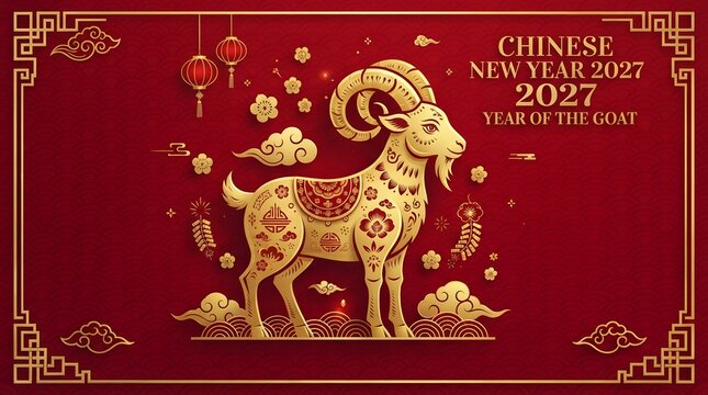 Chinese new year 2027 year of the goat, golden goat illustration with traditional patterns, red background with decorative lanterns and clouds