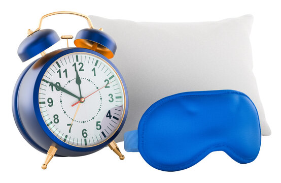 Alarm clock with sleep mask and pillow, bedtime and wake up concept. 3D rendering