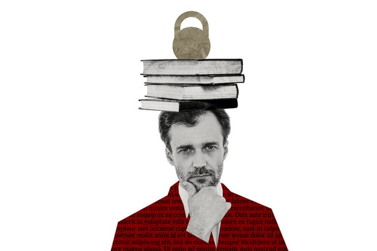 Creative photo collage image mature professor lecturer academic knowledge weight dumbbell encyclopedia library drawing background