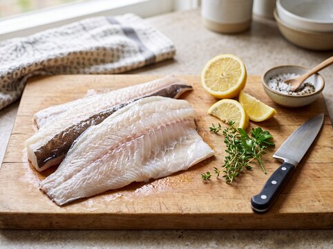 Fresh raw white fish fillets on wooden board with lemon and herbs