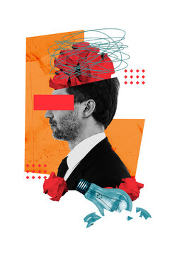 Vertical photo collage of tired man cut head crumpled paper workload broke light bulb blackout problem isolated on painted background