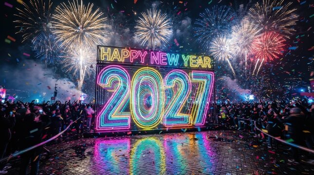 Happy New Year Grand 2027 Happy New Year outdoor celebration with neon signs fireworks and a joyful crowd at midnight in a city square 2027