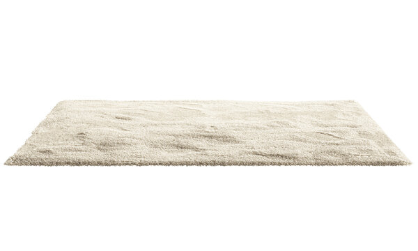 Beige wool and silk rectangular rug with soft hand-knotted pile, abstract tonal shading and subtle organic texture, shown as a 3D render and visualization.