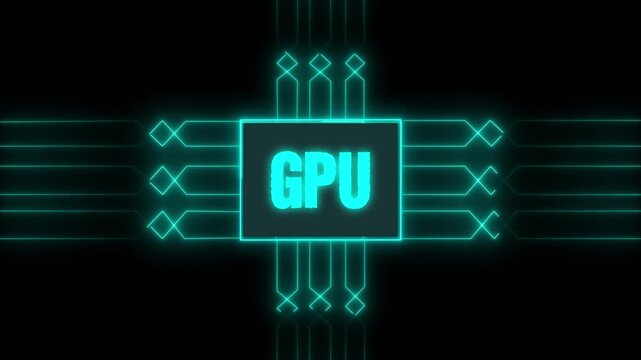 GPU chip animation pulses with high speed intersecting circuitry. Graphics processing unit computing telemetry routes through GPU chip. Modern computer hardware runs chip.