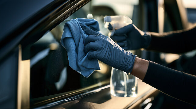 Worker spraying and wiping car window with microfiber cloth in detailing shop.