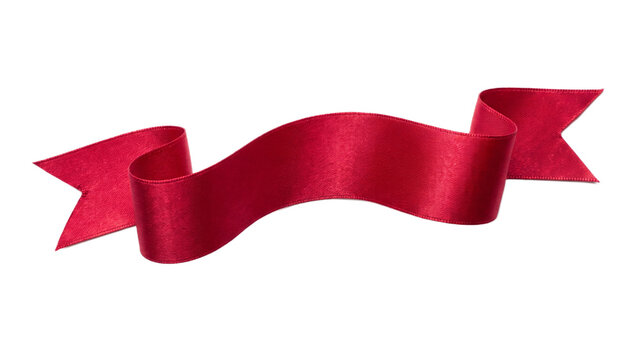 Red satin ribbon banner with fishtail ends with fabric ribbon notched on transparent background