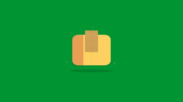 Yellow cardboard delivery package box hopping and bouncing continuously with impact dust effect on solid chroma key green screen background in 2D animation