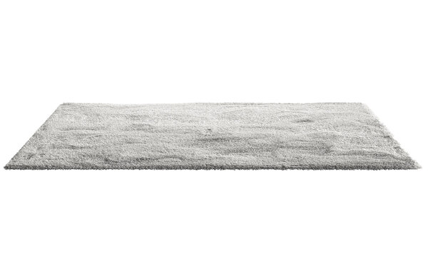 Grey wool and silk rectangular rug with soft hand-knotted pile, abstract tonal shading and subtle organic texture, shown as a 3D render and visualization.