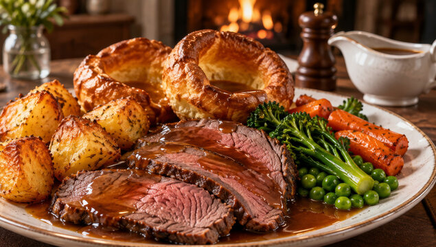 Roast beef dinner with Yorkshire pudding and vegetables on a serving platter. Traditional English cuisine. Sunday roast and family meal. British comfort food and festive dining.