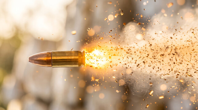 Fast moving copper bullet in mid-air with glowing sparks and trail