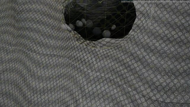 3D animation demonstrating a rockfall drape netting system protecting a highway from falling boulders by absorbing kinetic impact and safely guiding rocks into a roadside ditch