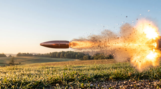 High speed macro photography of a flying bullet with fire and smoke