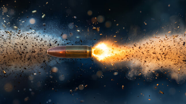 Ammunition cartridge shooting through the air with explosion and debris