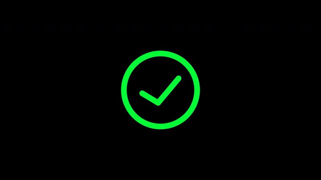 Right check mark icon animation on solid black background with a particle explosion effect on completion.
