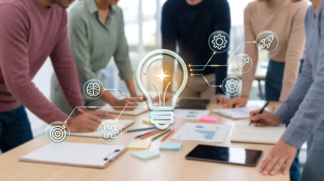 Professional team brainstorming with holographic light bulb and innovation icons to visualize creative business solutions and strategic project development for future corporate success