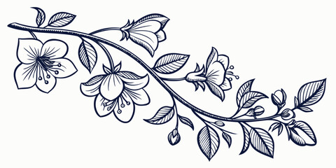 Fototapeta premium Dark blue floral branch with blooming flowers and leaves on a white background, for decorative border