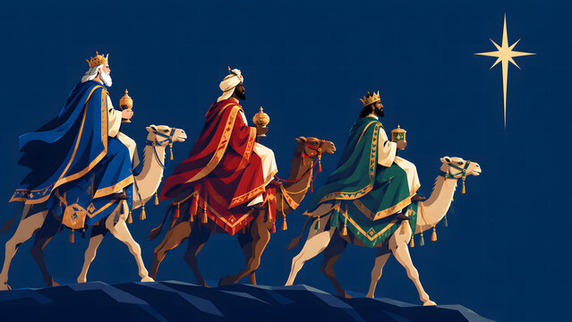 The Three Wise Men of the Orient, Magi Kings Melchior Caspar and Balthasar, Biblical Christmas Nativity Illustration