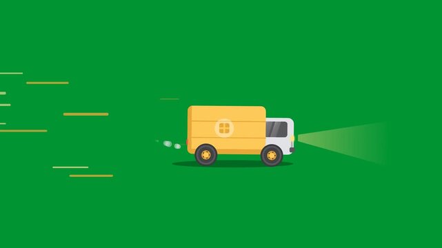 Yellow cargo delivery truck driving fast with headlights and speed lines in seamless loop animation from side view on green screen chroma key background in flat 2D graphic style
