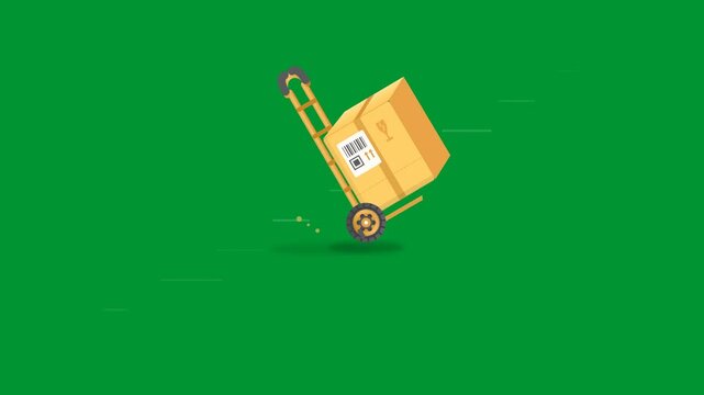 Hand truck dolly carrying cardboard shipping package box moving fast in seamless loop on bright green screen background in flat 2D vector animation style