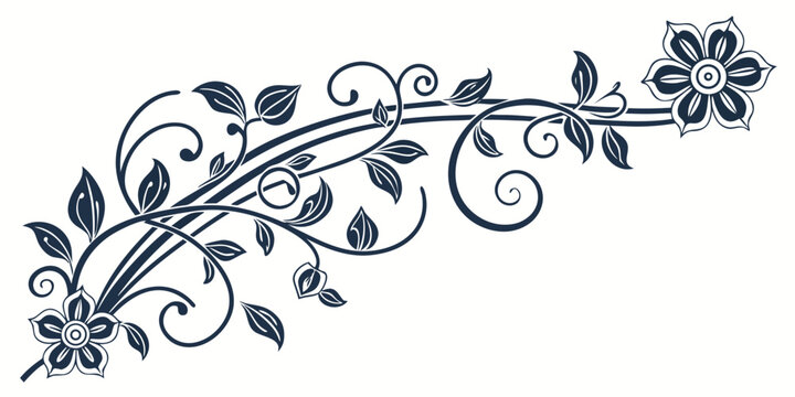 Dark blue floral corner ornament with swirling vines and blooming flowers on a white background, for decorative page borders