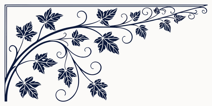 Dark blue ivy corner frame ornament with swirling vines and detailed leaves on a white background, for decorative page borders