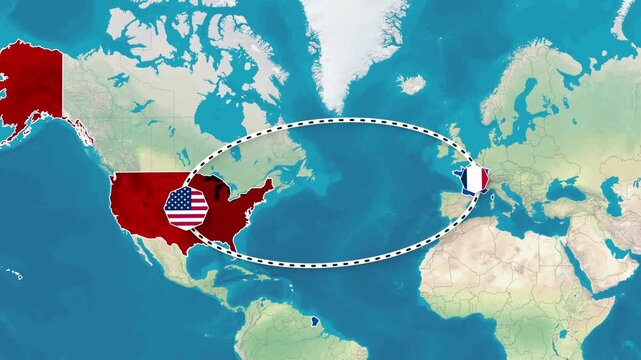 United States and France Bilateral Relationship Map Animation Footage
