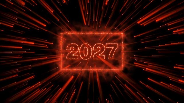 New year text animation glows inside a festive rectangular frame. Chronological holiday countdown telemetry guides new year text. Seasonal celebration branding uses text.