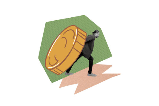Composite photo collage of puzzled businessman carry golden coin market savings poor bankrupt profit isolated on painted background