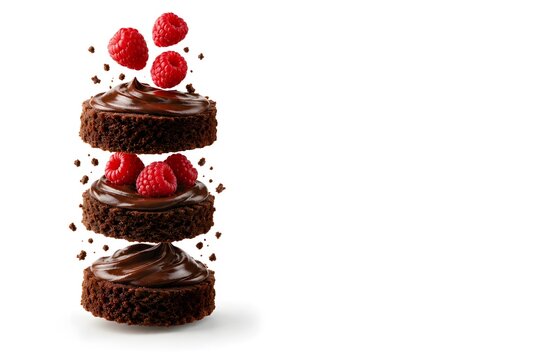 Exploded Chocolate Ganache Cake with Fresh Raspberries on White Background