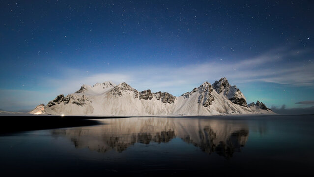 Vestrahorn Stokksnes Mirror Beach night panorama view, Iceland