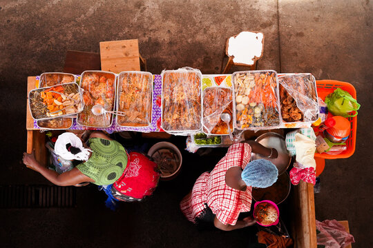 Cape Verde or African cuisine, food served by women on farmers market, Santiago, Cape Verde