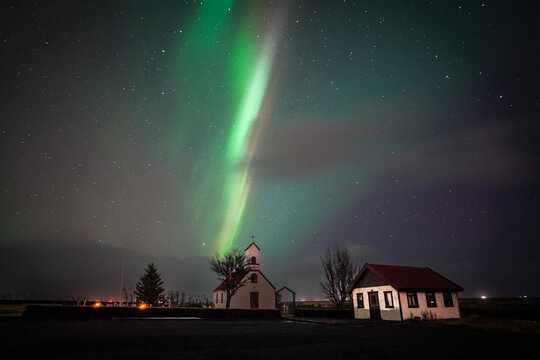 Church in Iceland with beautiful northern lights, aurora borealis, Iceland