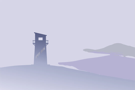 Minimalist illustration of a lonely watchtower overlooking a misty landscape