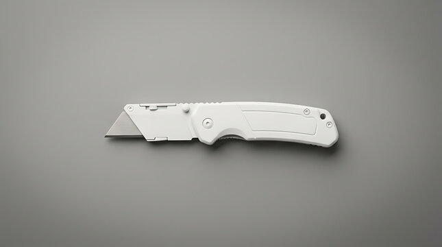 Modern White Utility Knife Isolated On A Clean Gray Background With Sharp Metal Blade And Ergonomic Handle For DIY Work