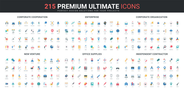 Efficient organization of corporate management, teamwork, enterprise and startup launch, remote work color icon set. Office structure with director and employees, supplies flat vector illustration