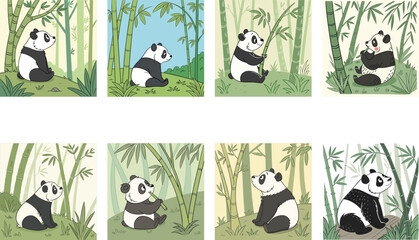 Giant panda bear vector illustration set with various cute poses, eating bamboo, sleeping, and walking © mstkhatija