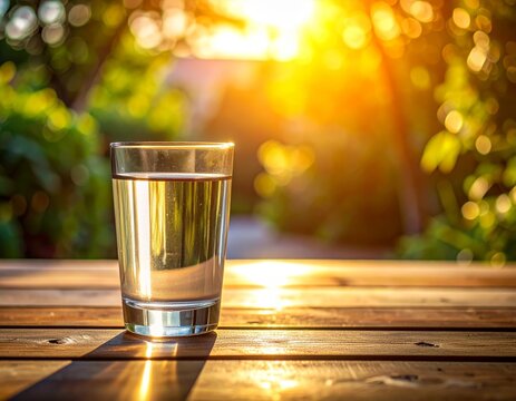 Glass of water on wooden table in golden hour sunlight