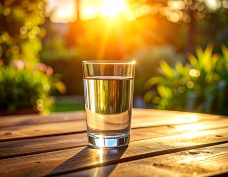 Clear Glass of Drinking Water on Wooden Outdoor Table in Warm Sunlight