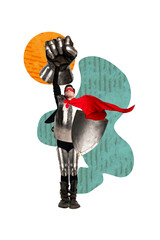 Obraz premium Exclusive image vertical photo collage of serious superman wear cape mask steel armor warrior kingdom protection guard fist