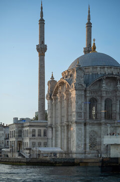 Istanbul,turkey,august 4, 2025. Ortakoy mosque standing prominently by the bosphorus strait in istanbul, featuring its ornate baroque architecture and tall minarets