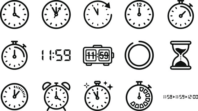 Set of black line icons depicting various clocks timers and time-related devices on a white