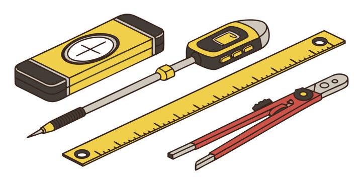 Isometric set of construction and measuring tools including a yellow level, digital tape measure, long ruler, and a metal compass divider