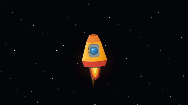 futuristic space technology capsule spacecraft flying upwards with fiery engine booster thrust in deep dark outer space in seamless 2D flat cartoon vector animation