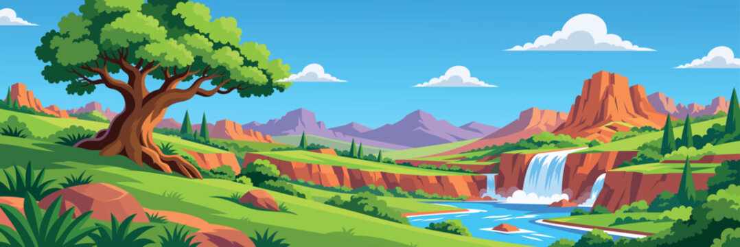 Cartoon Nature Landscape Banner Background with Mountains, River and Waterfall Vector Illustration