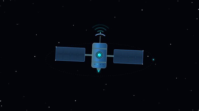 Space technology telecommunication satellite transmitting digital radio signal waves while floating in deep starry universe in smooth seamless 2D flat animation loop