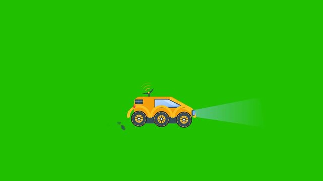 Yellow space technology planetary rover vehicle driving with headlights on in side view flat 2D cartoon animation seamless loop over green screen background