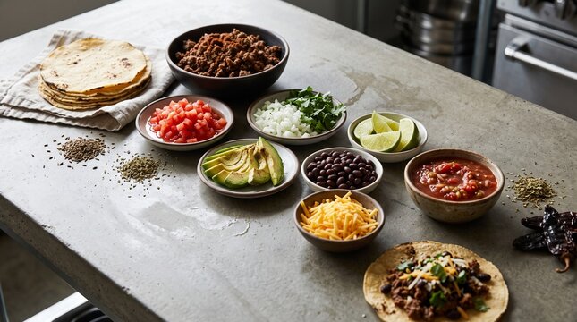 Fresh taco ingredients arranged for recipe development, culinary education and restaurant preparation, featuring tortillas, beef, vegetables, salsa and traditional toppings.